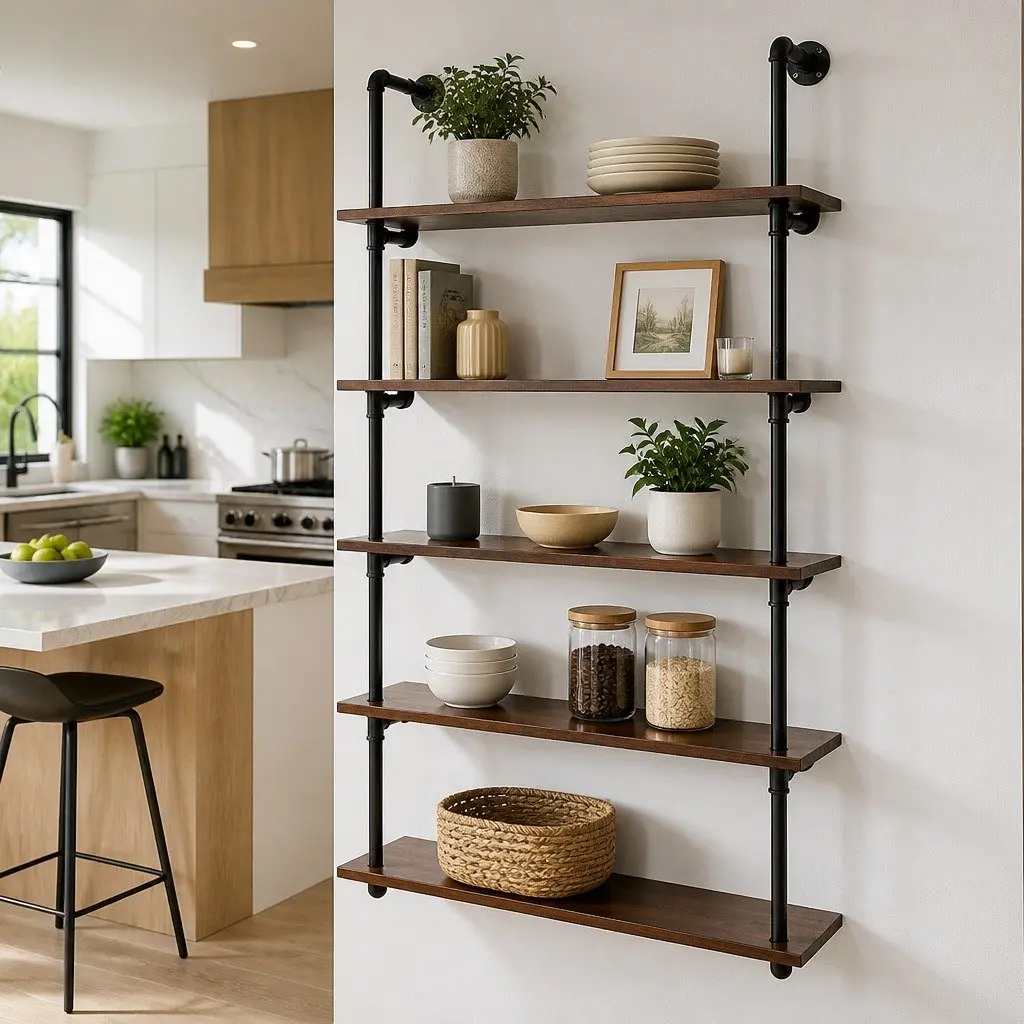 Industrial Pipe Shelf 5 Tier Floating Wall Mount Storage Shelving Unit Brown