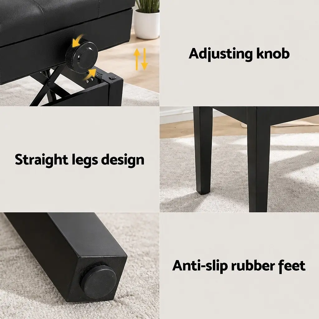 Piano Bench Stool Adjustable Height Keyboard Seat Storage Black