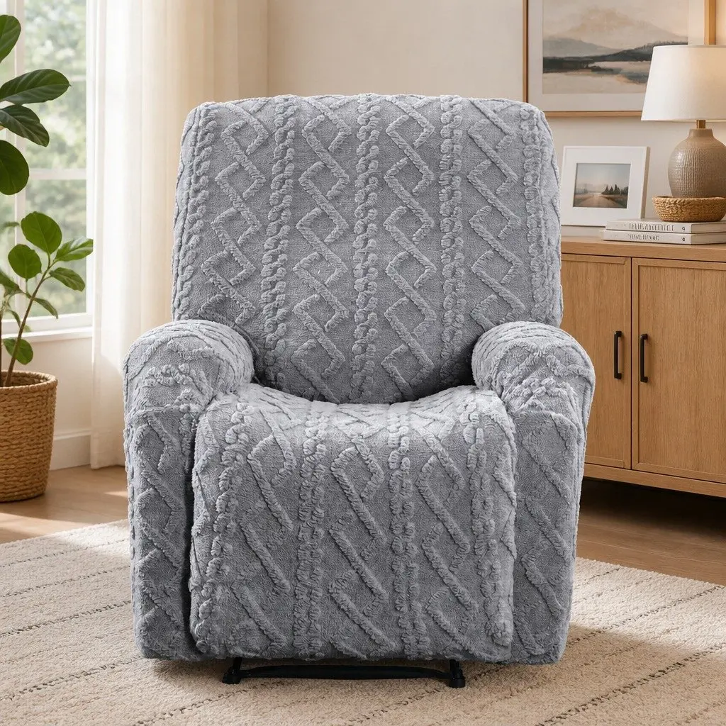 Recliner Chair Cover Grey Stretch Fabric with Soft Texture and Side Storage Pockets