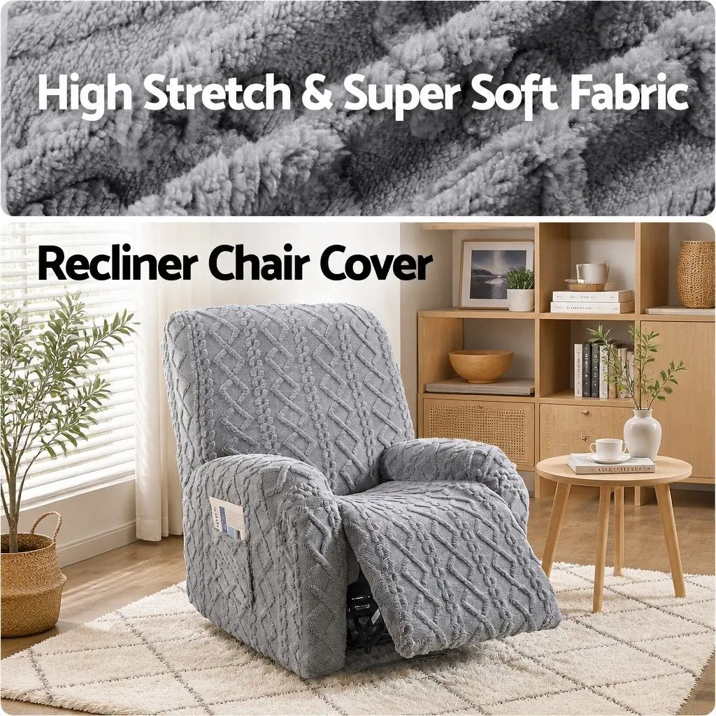 Recliner Chair Cover Grey Stretch Fabric with Soft Texture and Side Storage Pockets