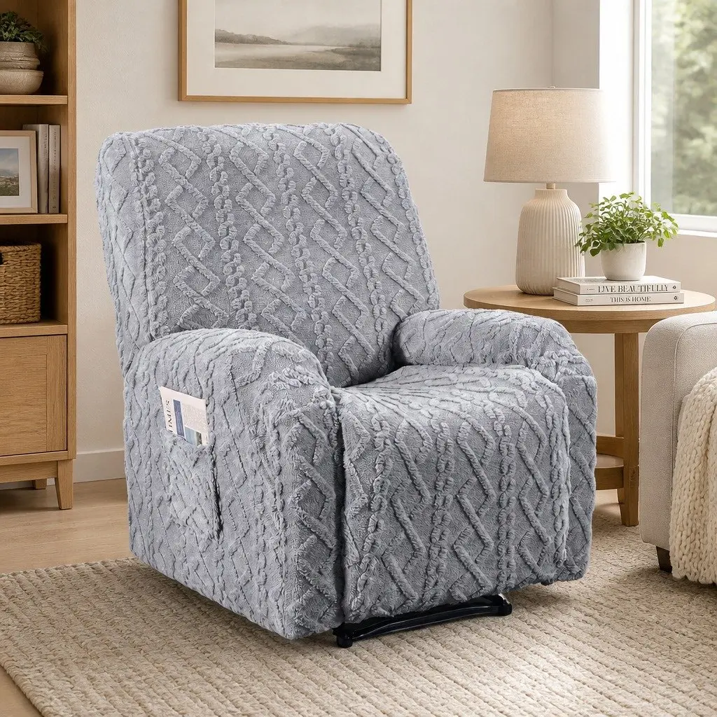 Recliner Chair Cover Grey Stretch Fabric with Soft Texture and Side Storage Pockets