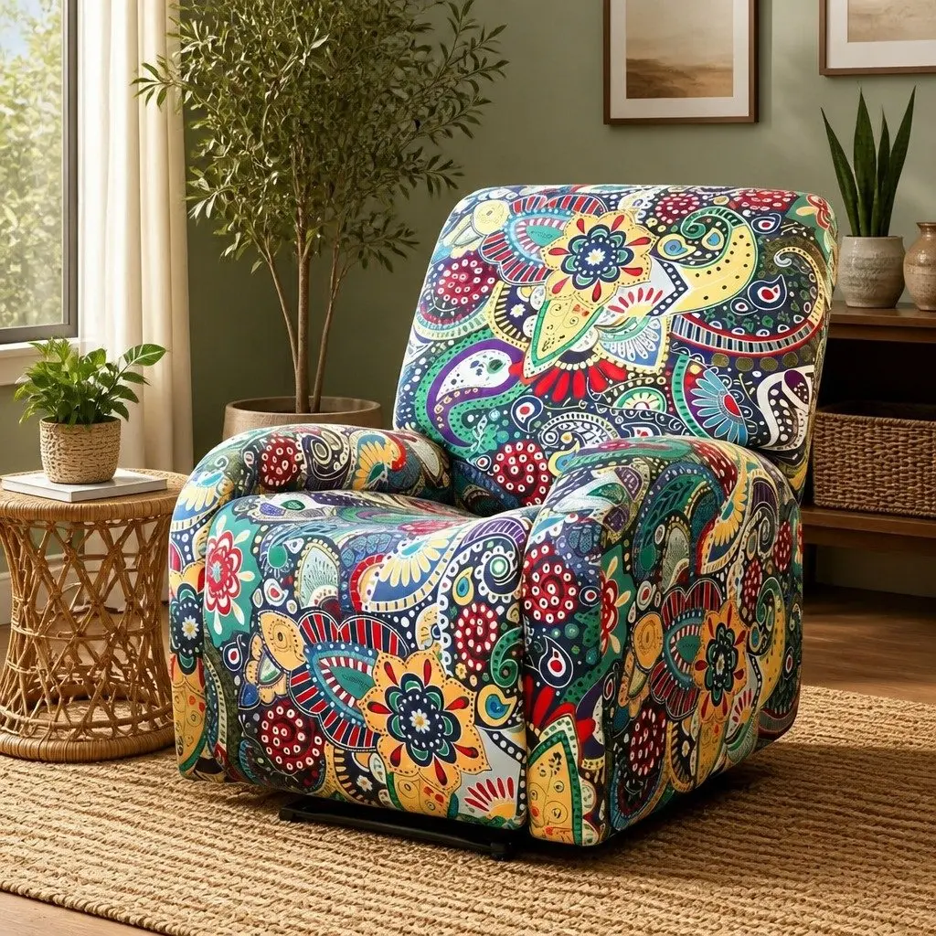 4-Piece Slipcover for Recliner Chair Stretch Fit Polyester Printed Blue