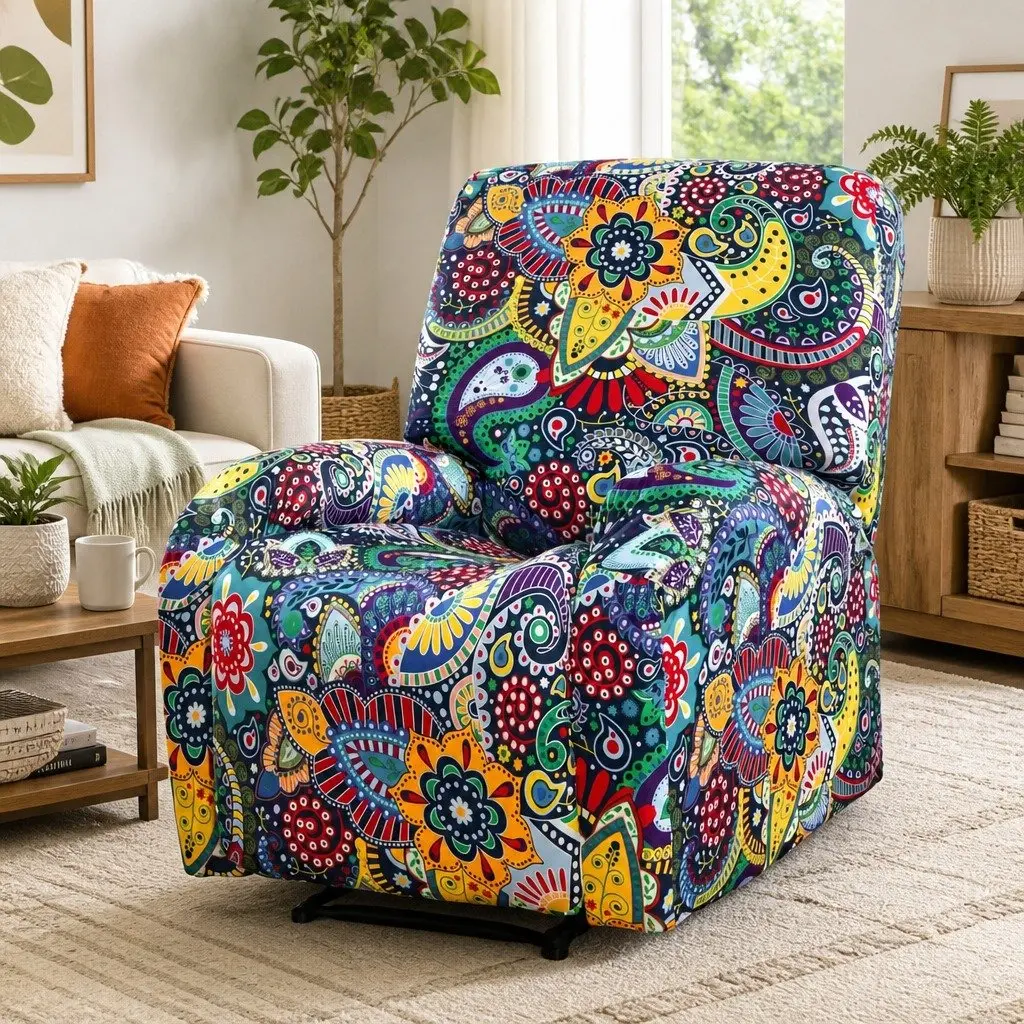 4-Piece Slipcover for Recliner Chair Stretch Fit Polyester Printed Blue