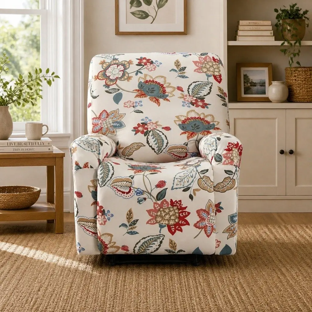 Recliner Chair Slipcover Stretch 4 Piece Set Pink Floral Printed