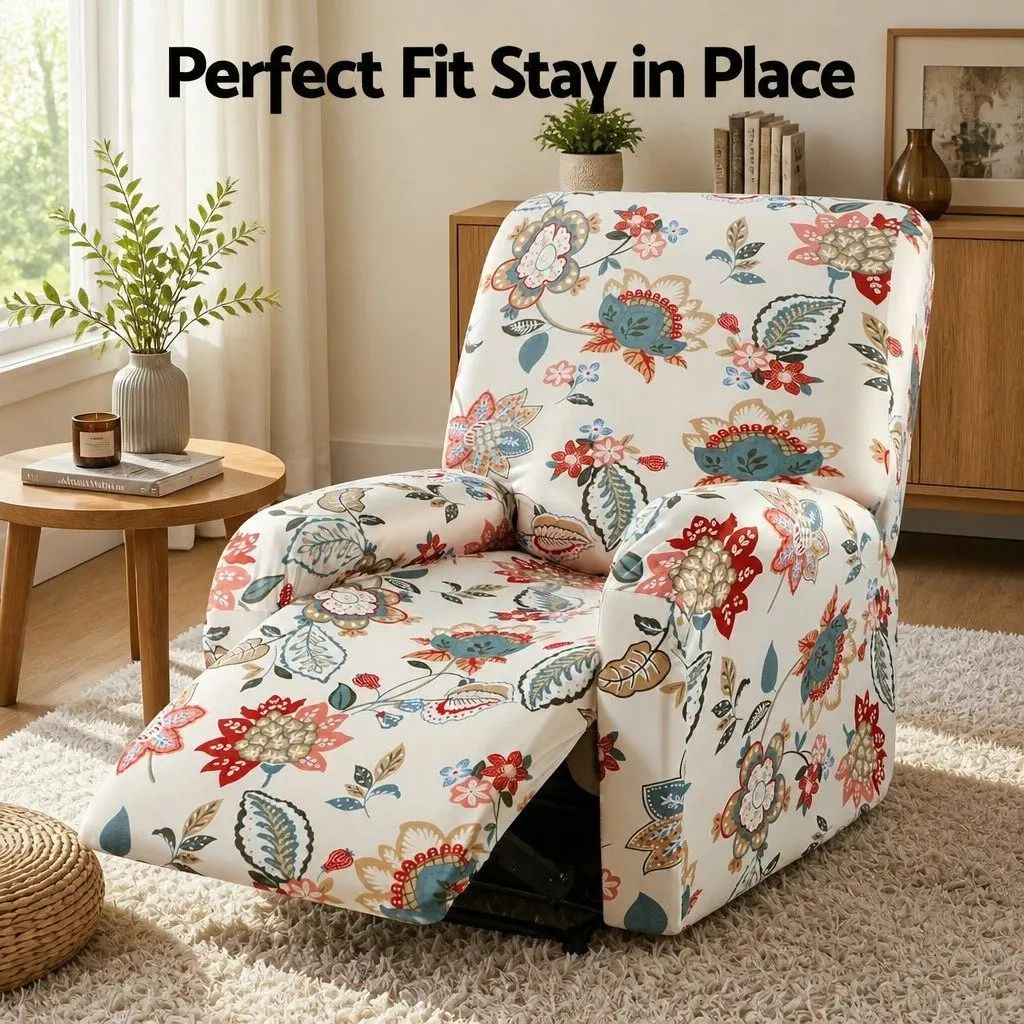 Recliner Chair Slipcover Stretch 4 Piece Set Pink Floral Printed