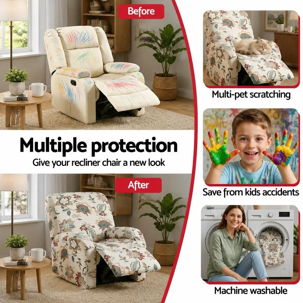 Recliner Chair Slipcover Stretch 4 Piece Set Pink Floral Printed