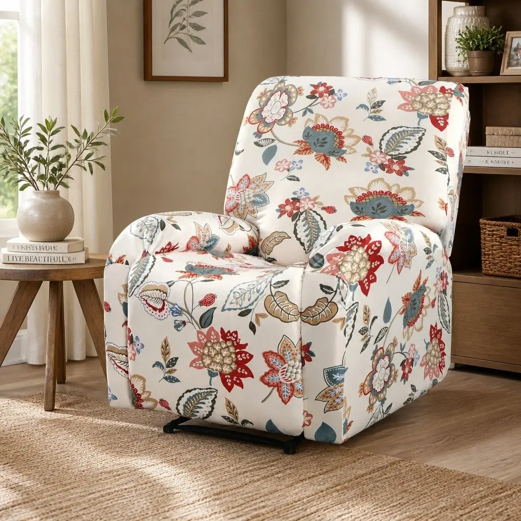 Recliner Chair Slipcover Stretch 4 Piece Set Pink Floral Printed