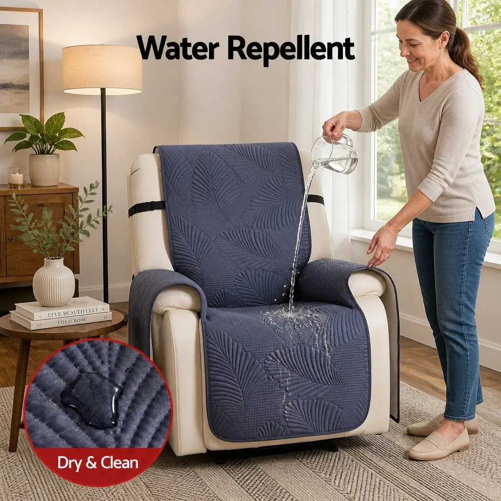 Recliner Chair Cover Waterproof Quilted Grey with Side Pockets