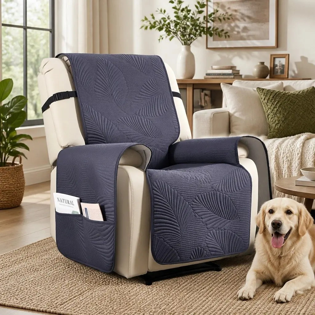 Recliner Chair Cover Waterproof Quilted Grey with Side Pockets