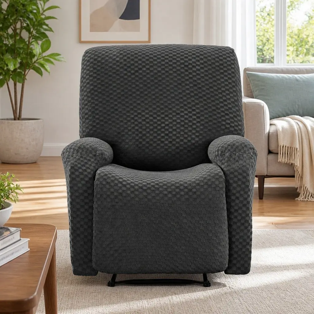 Recliner Chair Cover Soft Fabric Stretch Grey with Storage Side Pockets