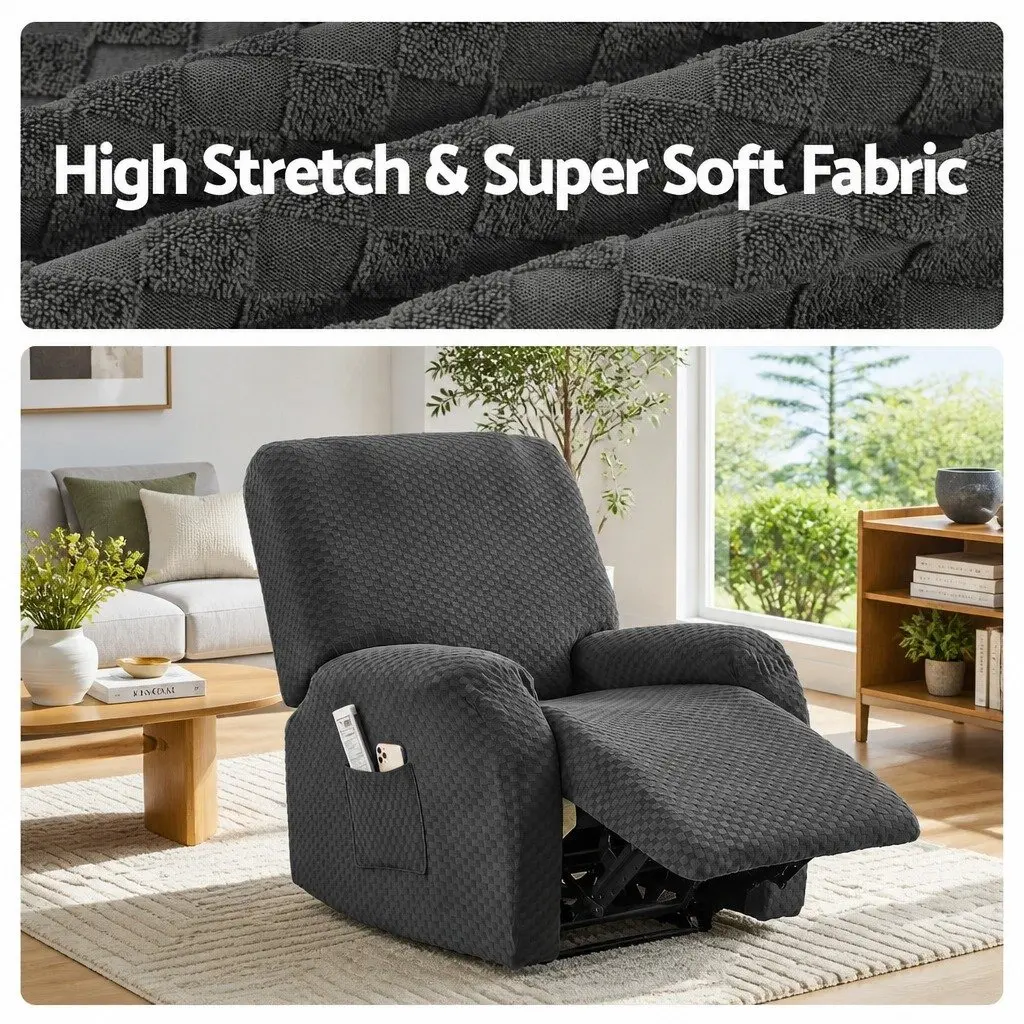 Recliner Chair Cover Soft Fabric Stretch Grey with Storage Side Pockets