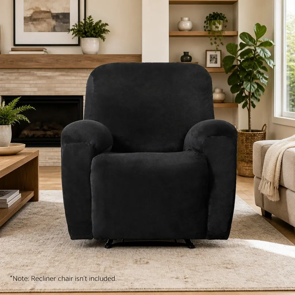 Recliner Chair Cover 1 Seater Velvet Black Stretchy Anti-Slip Elastic Machine