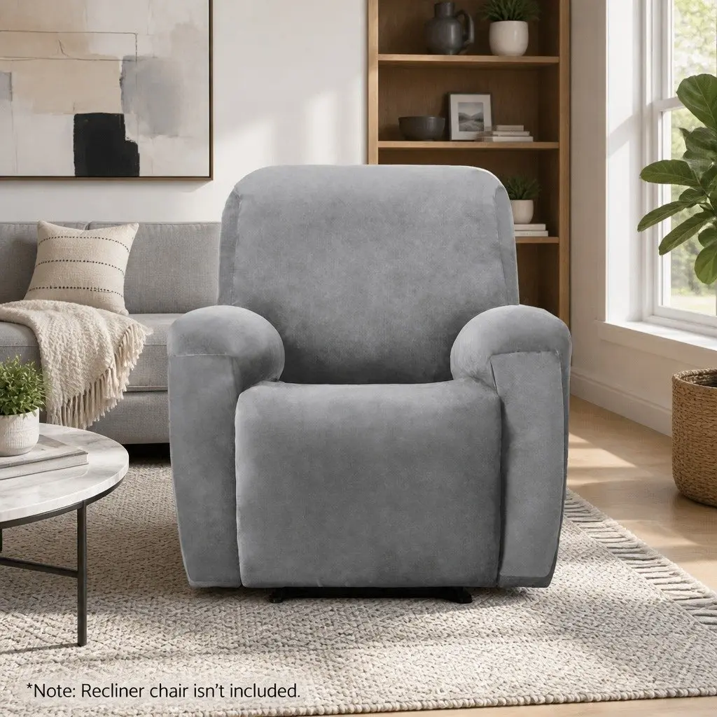 Velvet Grey Recliner Cover 1 Seater Stretch Fabric Anti-Slip Elastic Bottom