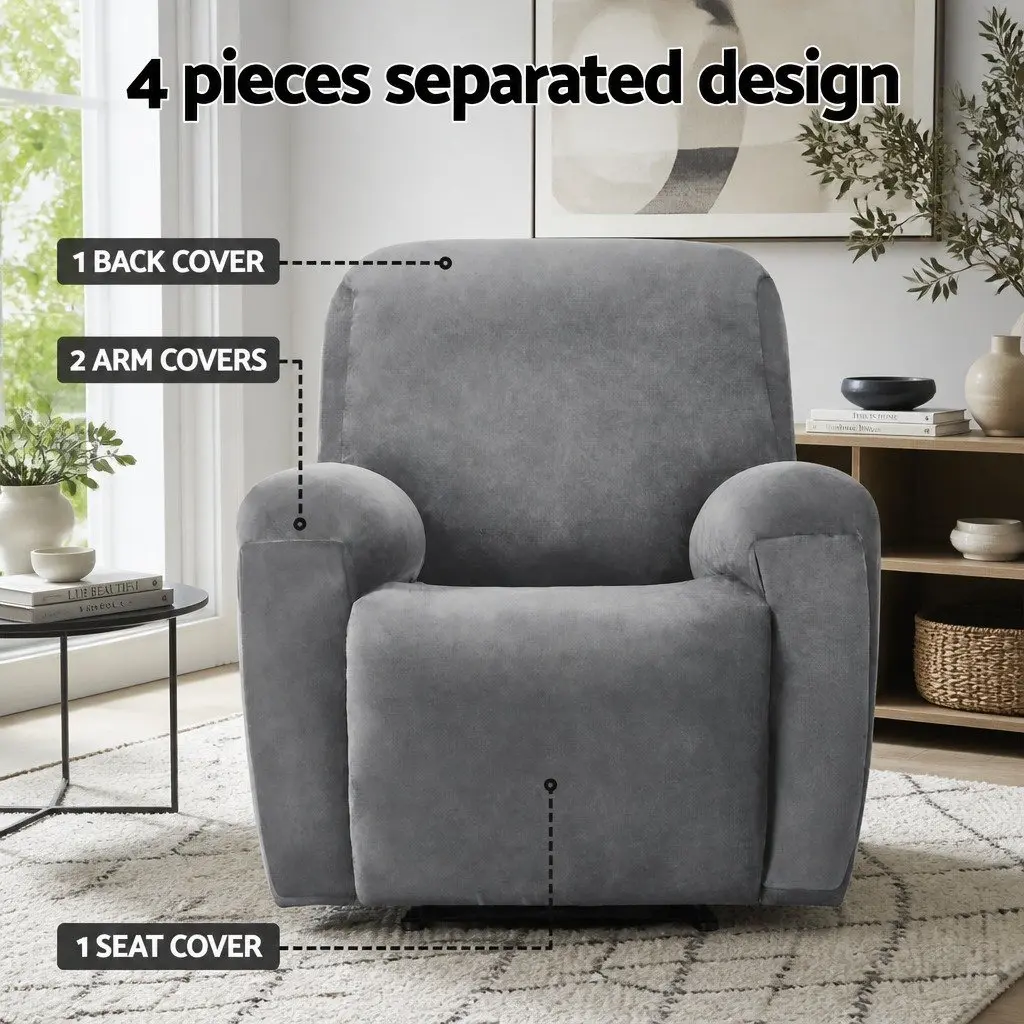 Velvet Grey Recliner Cover 1 Seater Stretch Fabric Anti-Slip Elastic Bottom