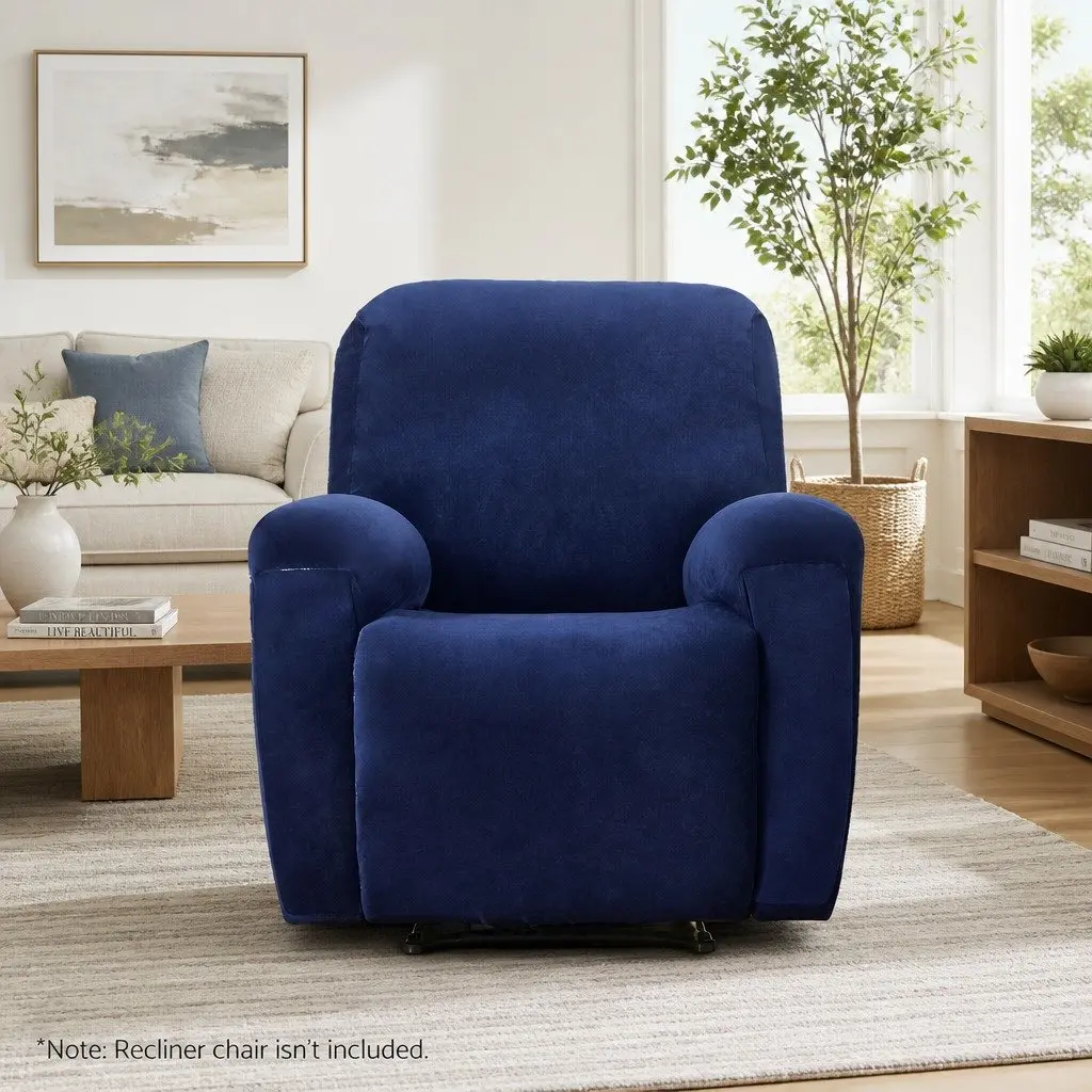 Stretch Velvet Recliner Cover Navy Blue 1 Seater Armchair Protection