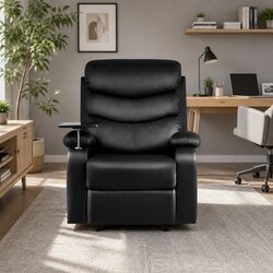 Black Leather Reclining Armchair with Swivel Tray Table