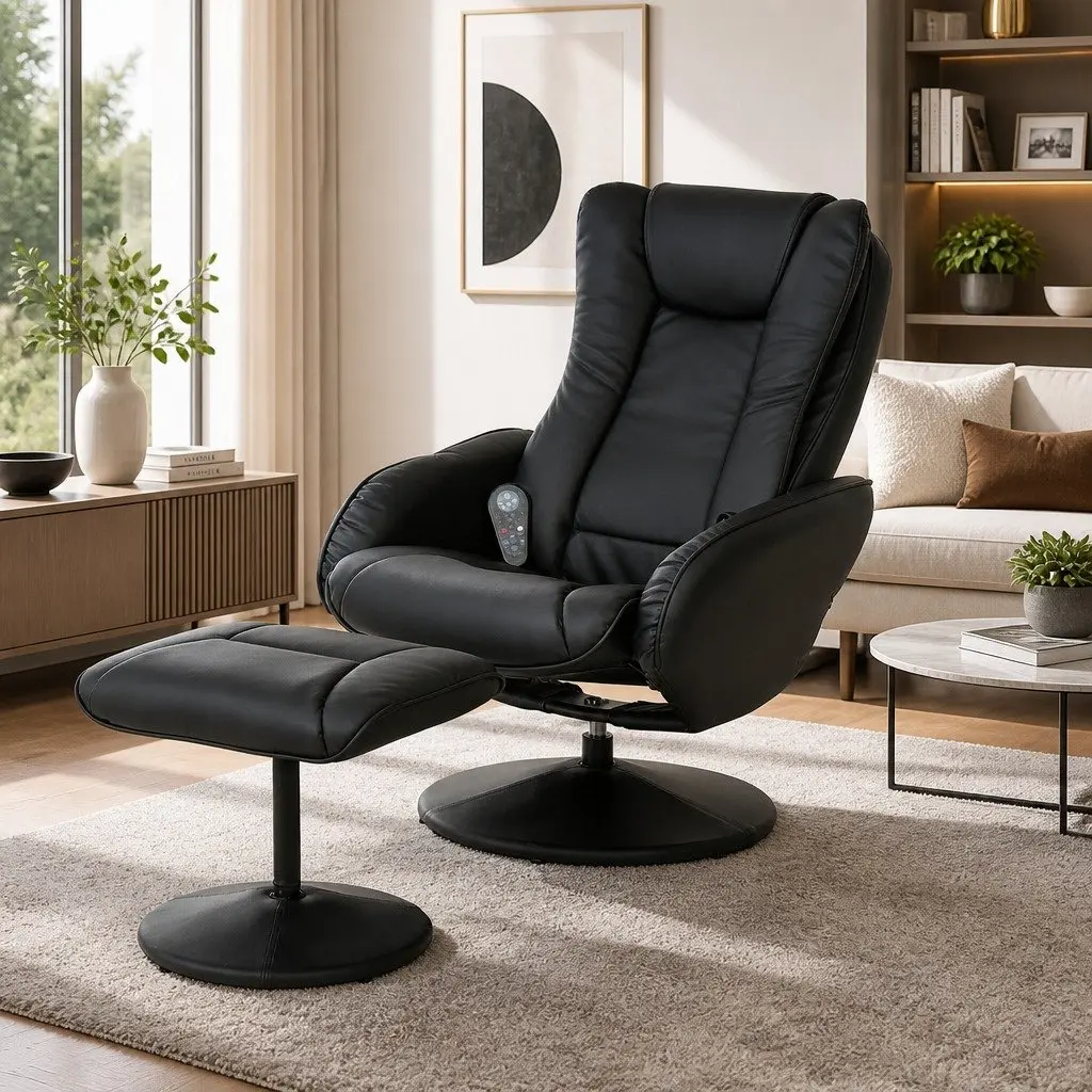 Recliner Chair Heated Massage Manual Recline Black Ergonomic Comfort