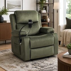 Green Velvet Recliner Chair with Heated Massage and USB Ports