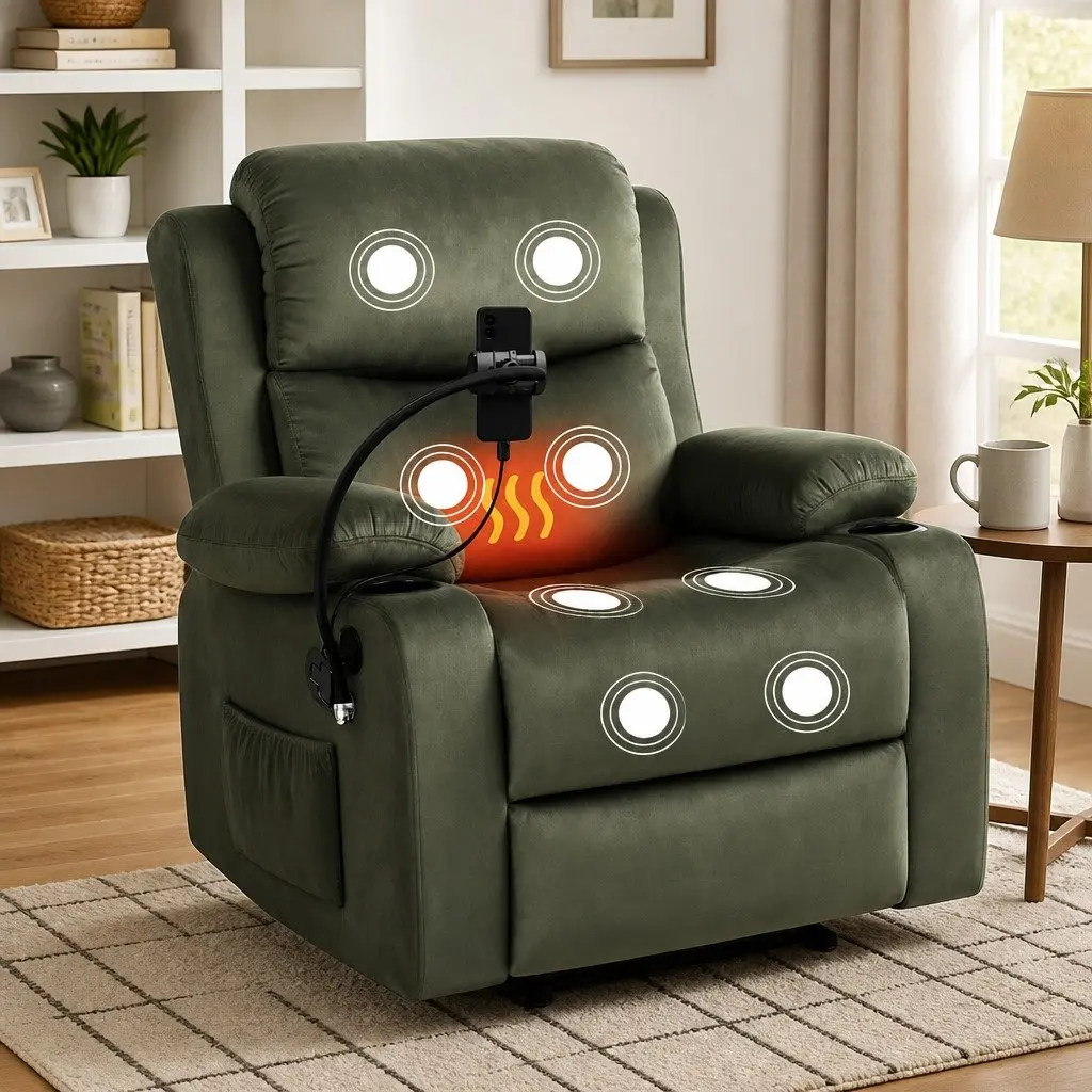 Recliner Chair Heated Massage Adjustable Backrest Footrest Velvet Green