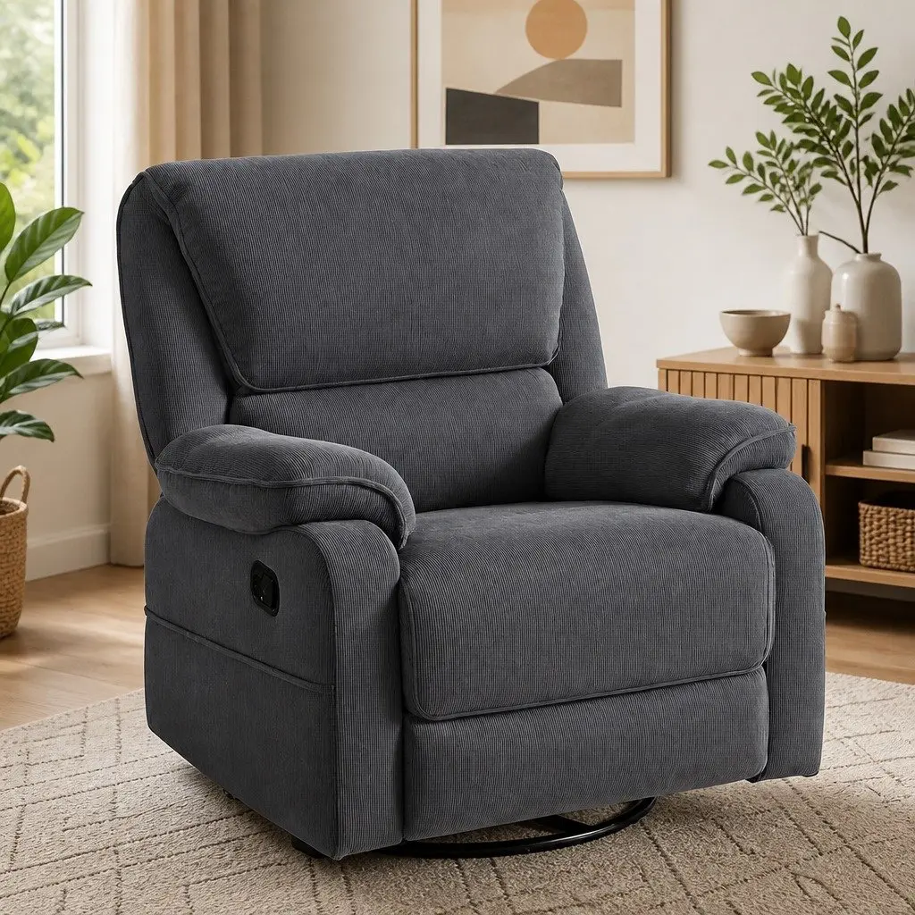Recliner Chair Grey with Heated Massage Feature 360 Swivel Adjustable Backrest Soft Corduroy