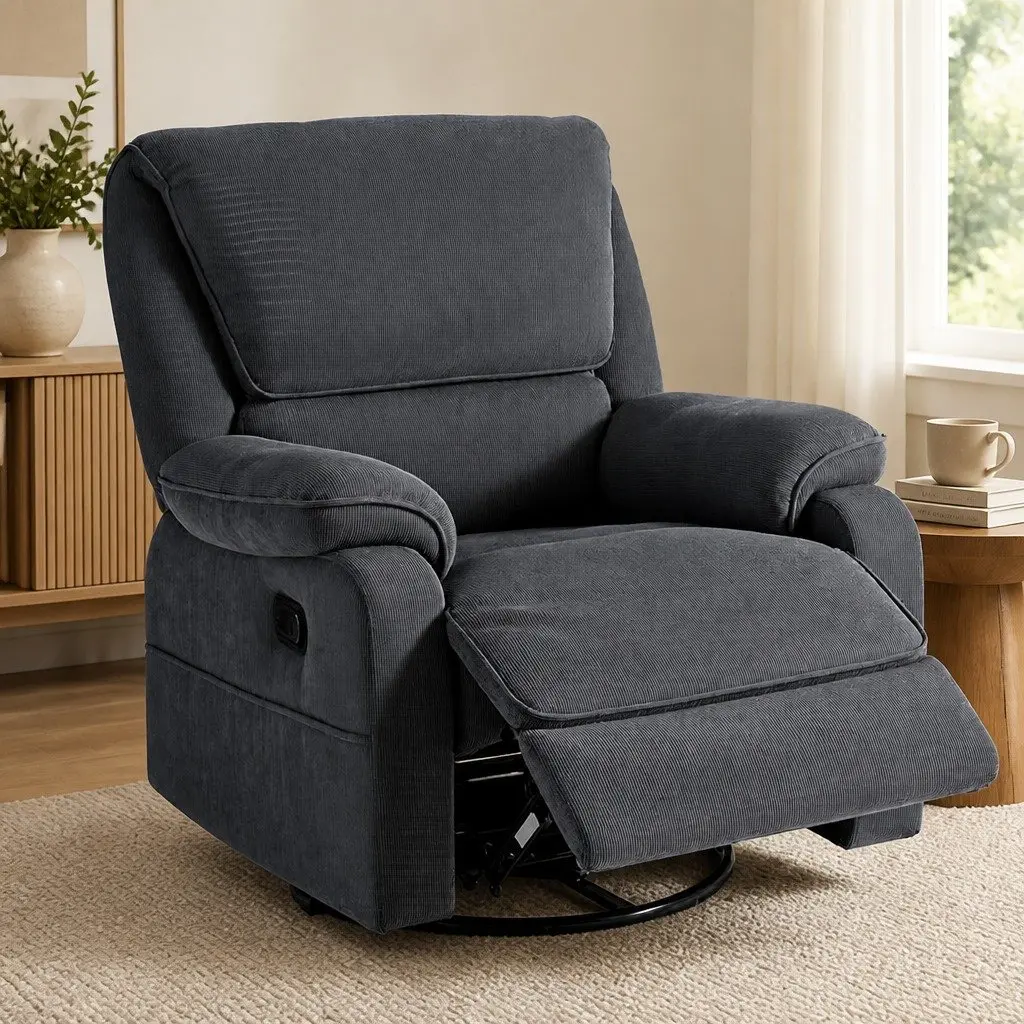 Recliner Chair Grey with Heated Massage Feature 360 Swivel Adjustable Backrest Soft Corduroy