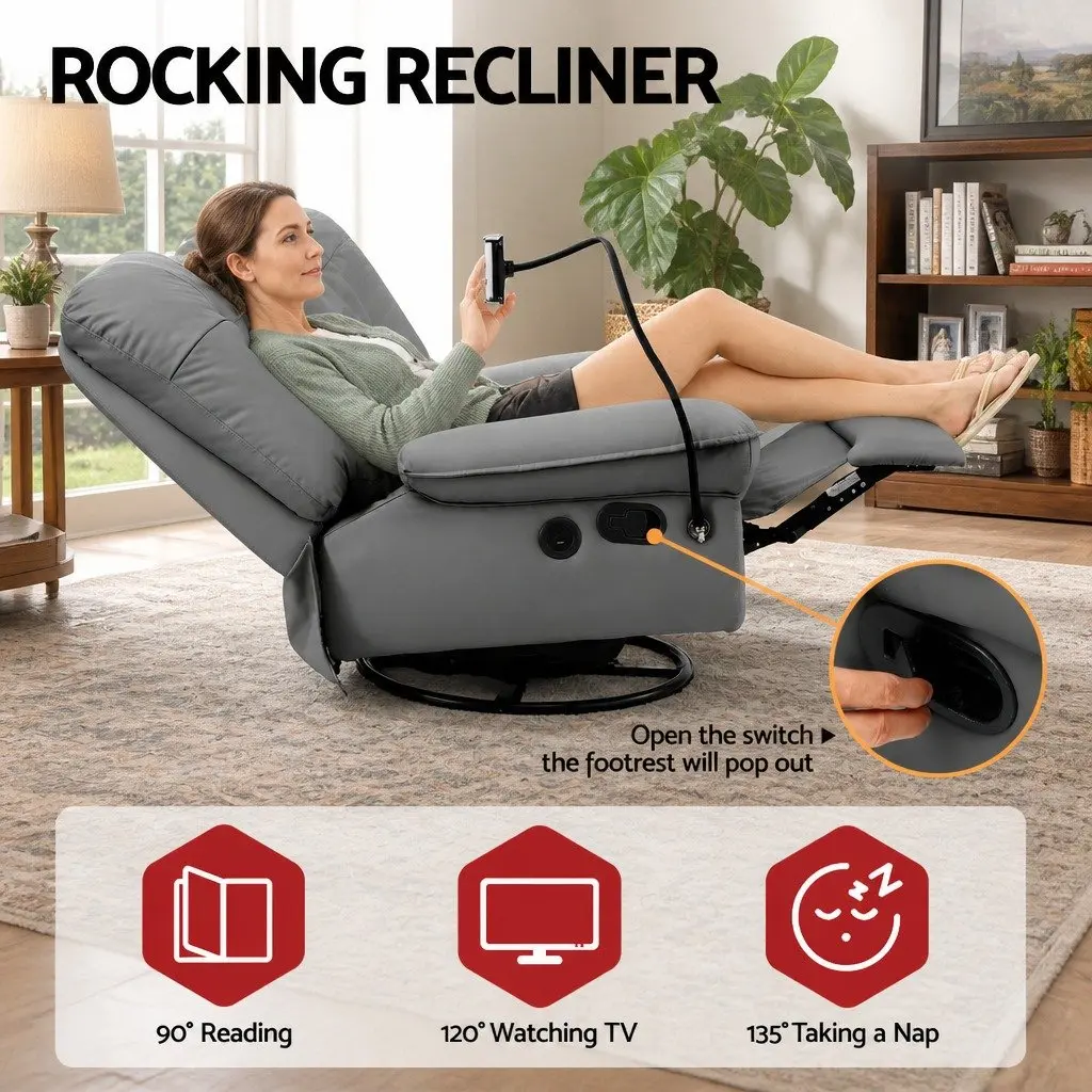 Manual Swivel Rocker Recliner Chair Comfort Grey PU Leather