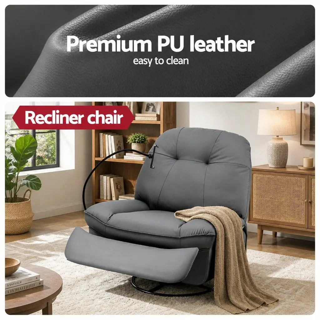 Manual Swivel Rocker Recliner Chair Comfort Grey PU Leather