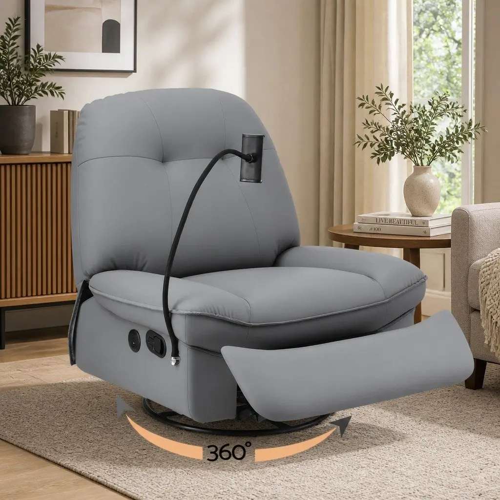 Manual Swivel Rocker Recliner Chair Comfort Grey PU Leather