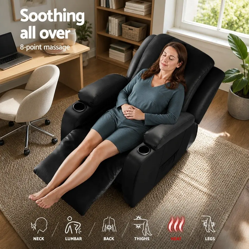 Electric Recliner Chair Heated PU Leather Relaxation Lounge with Adjustable Backrest and Footrest Black