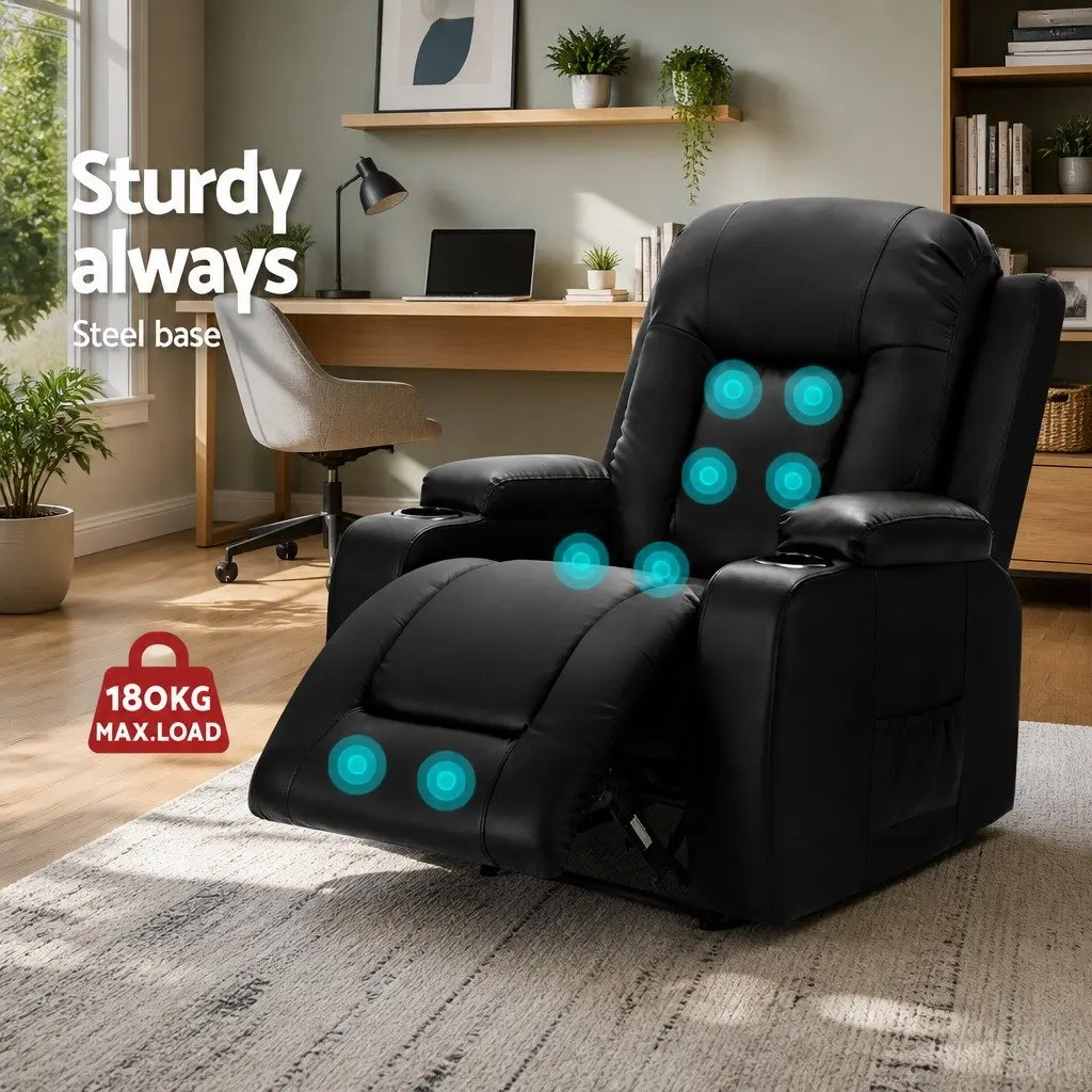 Electric Recliner Chair Heated PU Leather Relaxation Lounge with Adjustable Backrest and Footrest Black