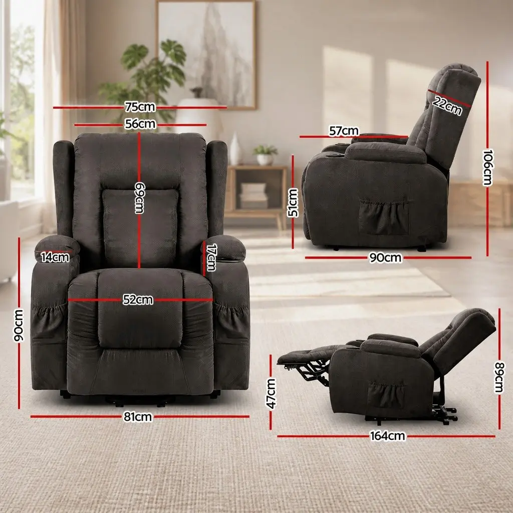 Massage Recliner Chair Lift Assist Adjustable Backrest Footrest Grey