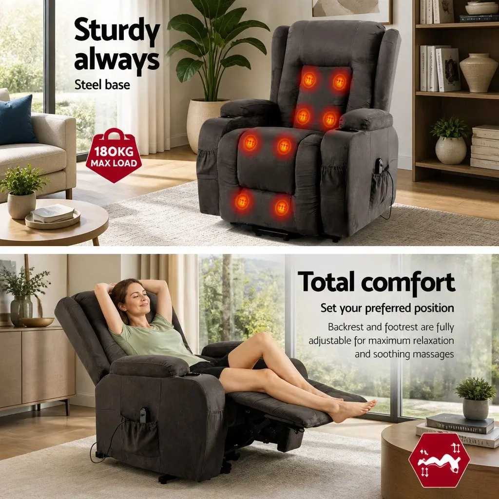 Massage Recliner Chair Lift Assist Adjustable Backrest Footrest Grey