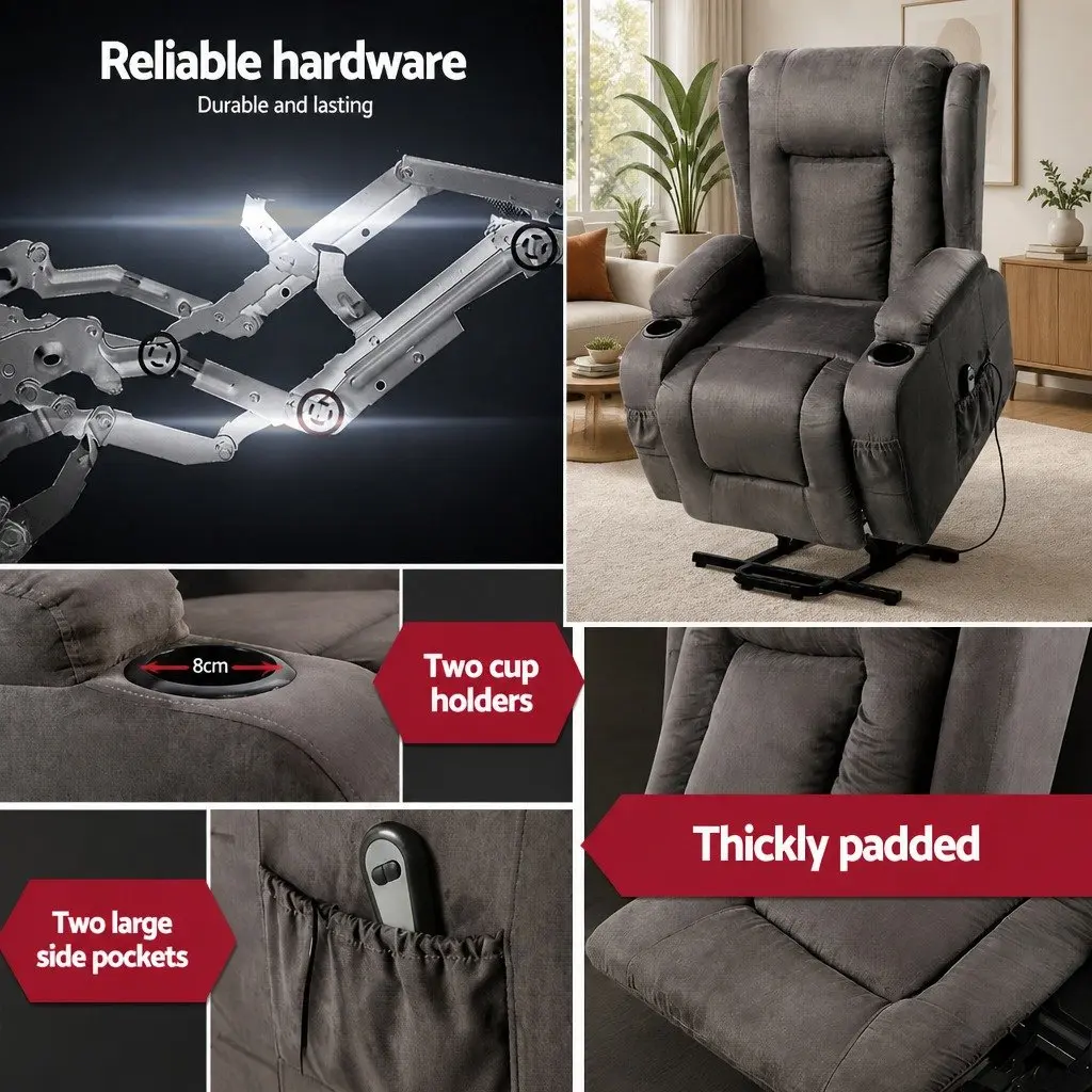 Massage Recliner Chair Lift Assist Adjustable Backrest Footrest Grey