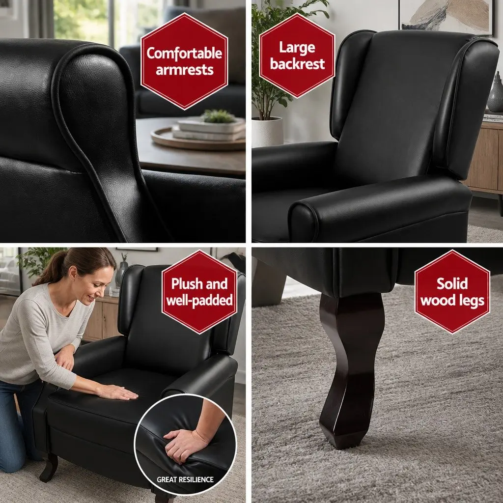 Recliner Armchair Black Faux Leather Adjustable Backrest Footrest Lounge Chair