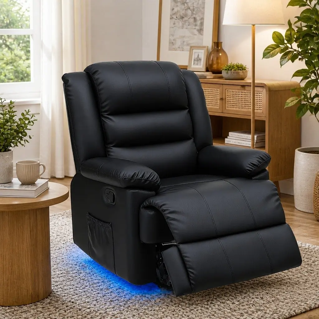 Manual Recliner Chair with Footrest Adjustable Black PU Leather 16 Colour LED Lights