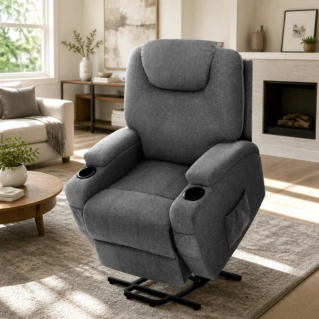 Recliner Chair Adjustable Backrest Heated Massage Velvet Grey Lift Assist