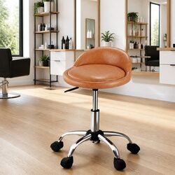 Brown Adjustable Salon Stool with Backrest and Wheels