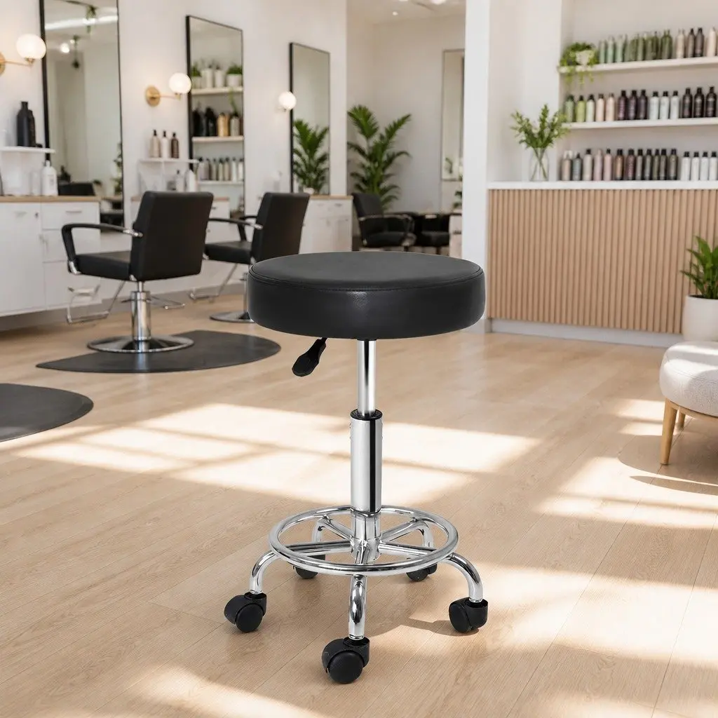 Round Swivel Chair Adjustable Height Black PU Leather Salon Stool with Five Castor Wheels
