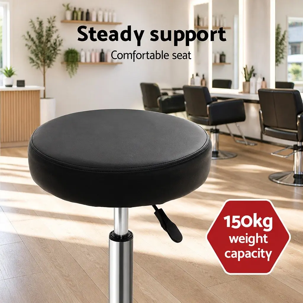 Round Swivel Chair Adjustable Height Black PU Leather Salon Stool with Five Castor Wheels