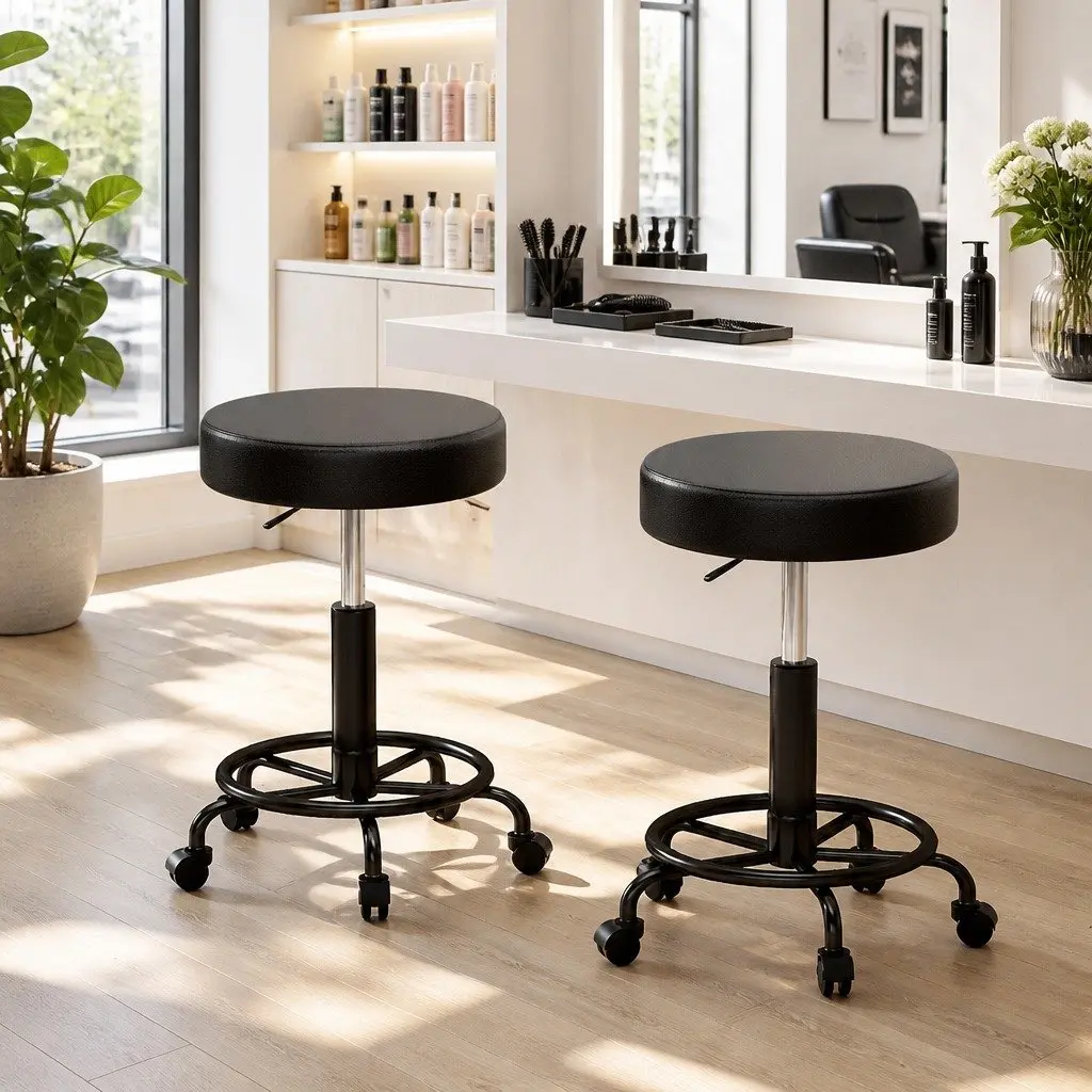 Salon Stool Adjustable Height Round Swivel Chair Black PU Leather 360 Rotating