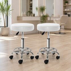 Round White Salon Stool with Adjustable Height and Wheels