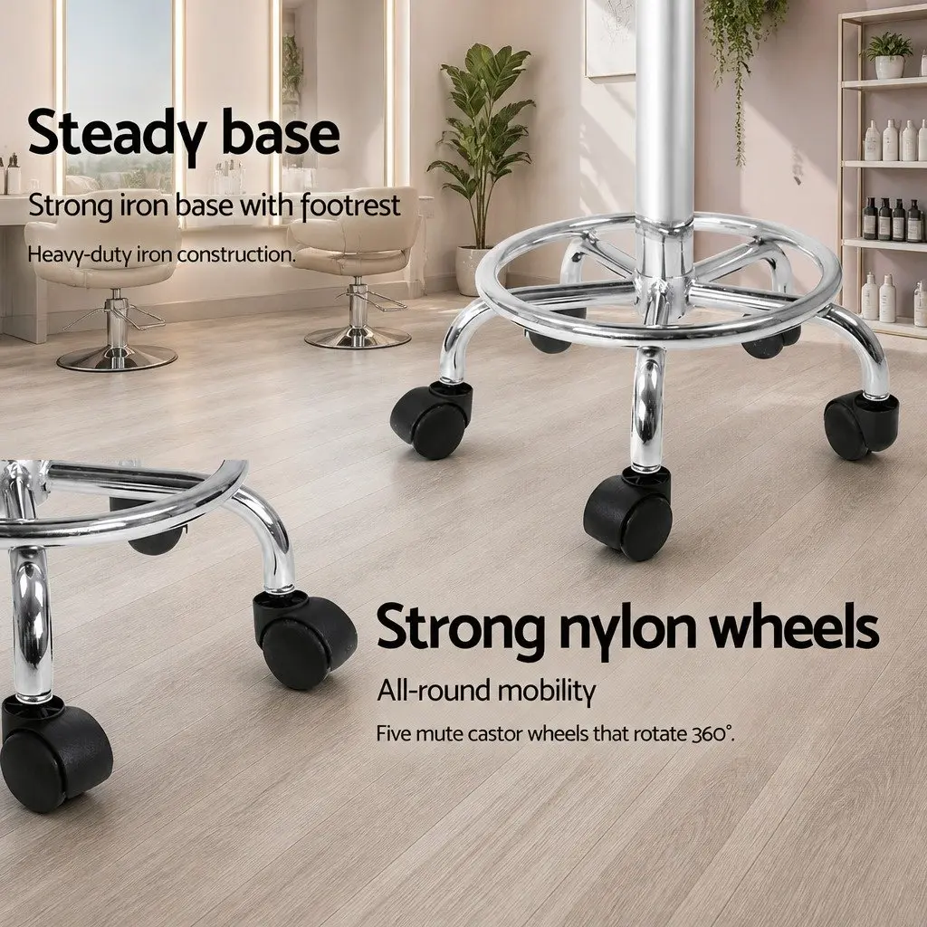 Salon Stool Adjustable Height Round Swivel Chair White with Footrest and Castor Wheels 2 Piece