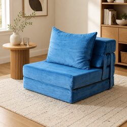 Convertible Folding Sofa Bed with Velvet Fabric in Blue