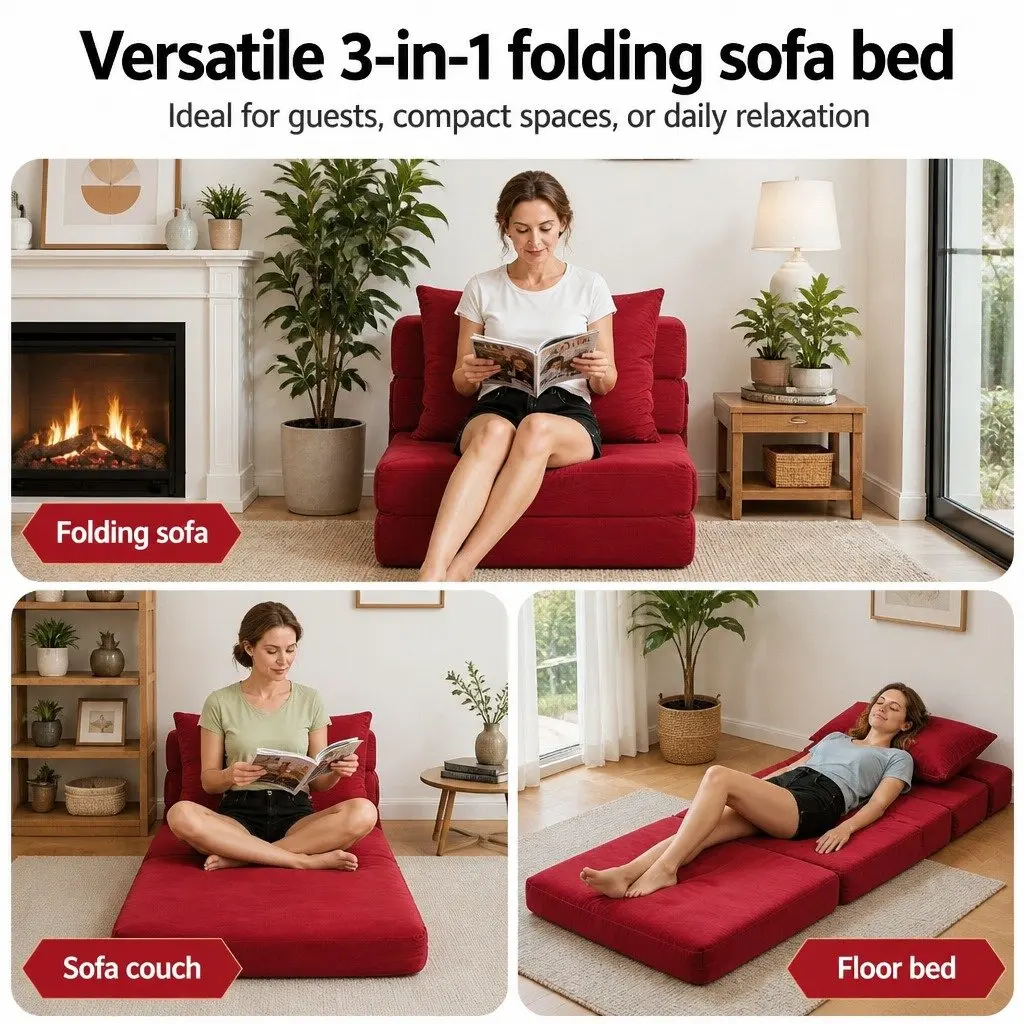 Convertible Folding Sofa Bed Armless Lounger Foam Floor Sofa Blue 3-in-1 Chair