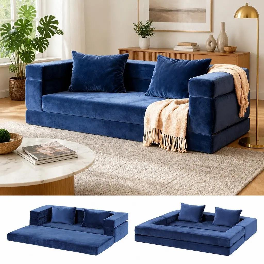 Convertible Sofa Bed 3-in-1 Foldable Lounge Couch Chair Blue