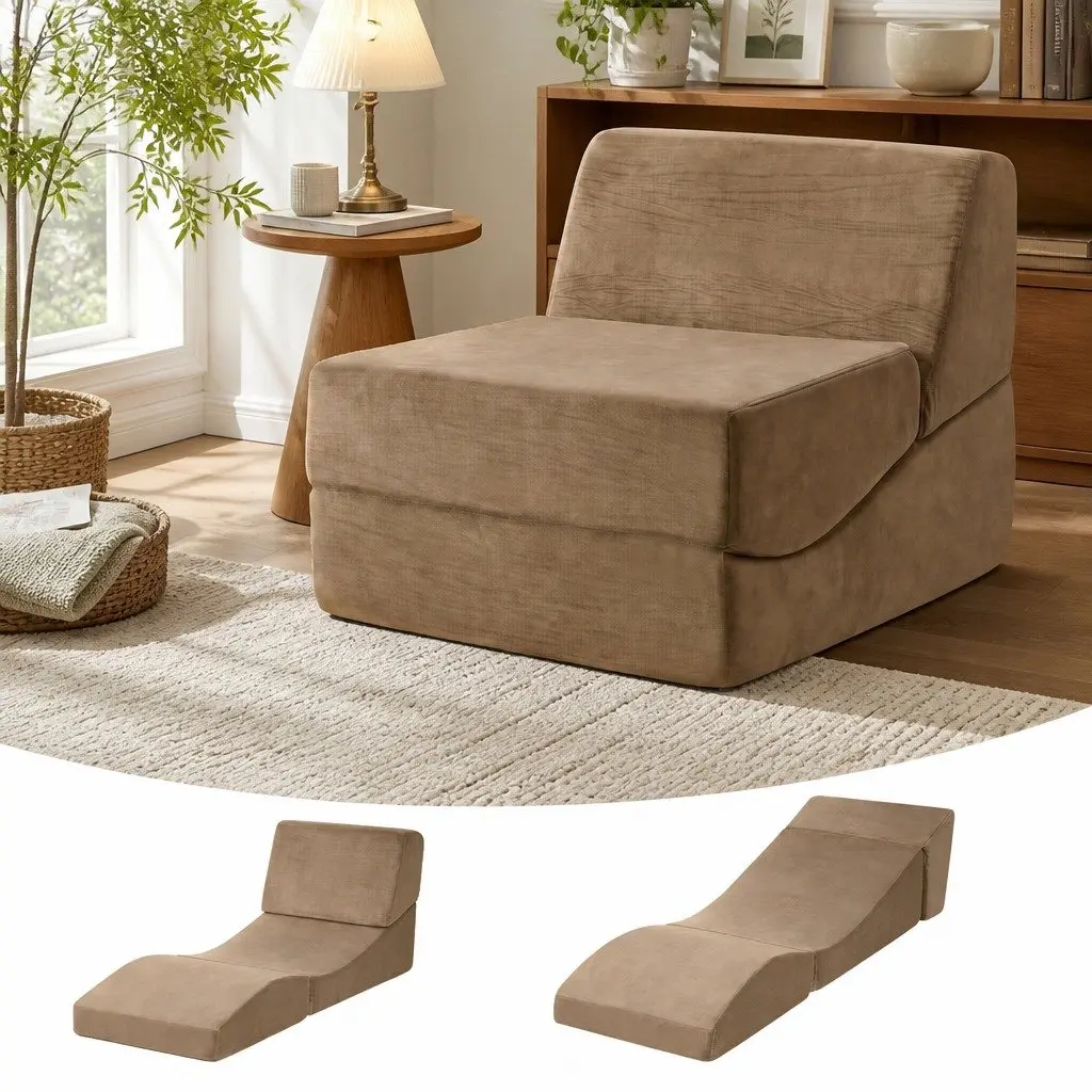 Folding Sofa Bed 3-in-1 Comfort Velvet Fabric Medium Firmness Brown