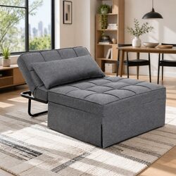 Multifunctional Grey Linen Sofa Bed with Ottoman Features