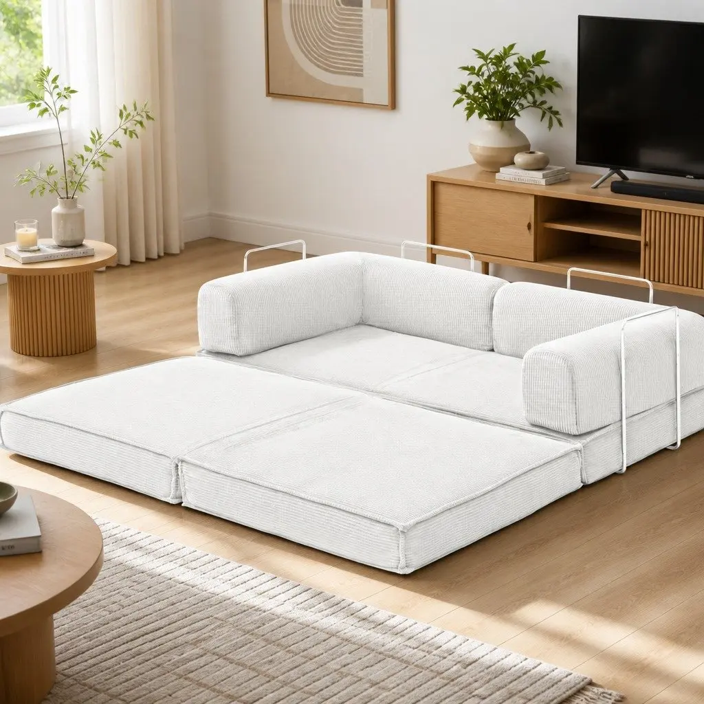 Convertible Folding Sofa Bed Beige 2-Seater Couch Sleeper Furniture Lounger