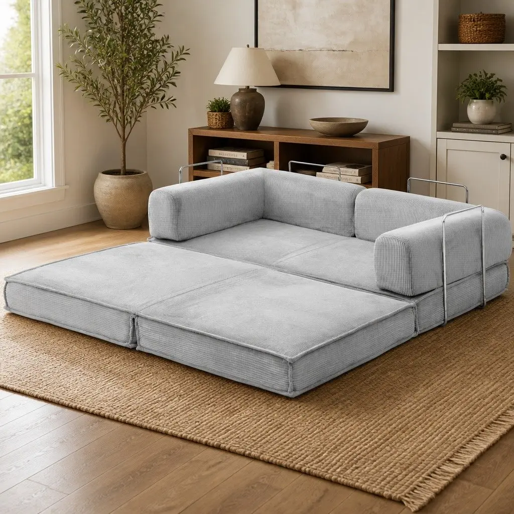 Convertible Folding Sofa Bed Grey 2-Seater Sleeper Couch Steel Frame