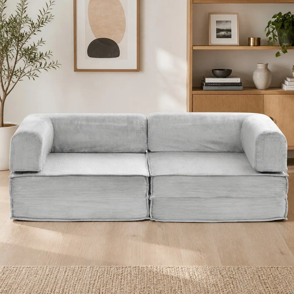 Convertible Folding Sofa Bed Grey 2-Seater Sleeper Couch Steel Frame